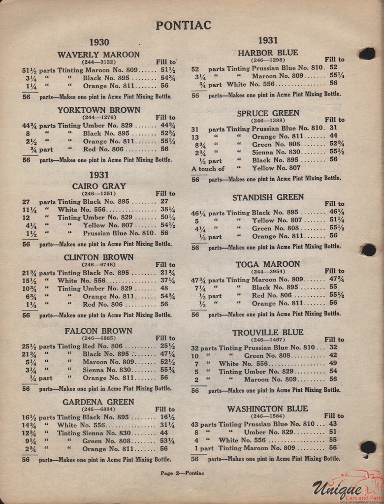1931 Pontiac Paint Charts Acme 1